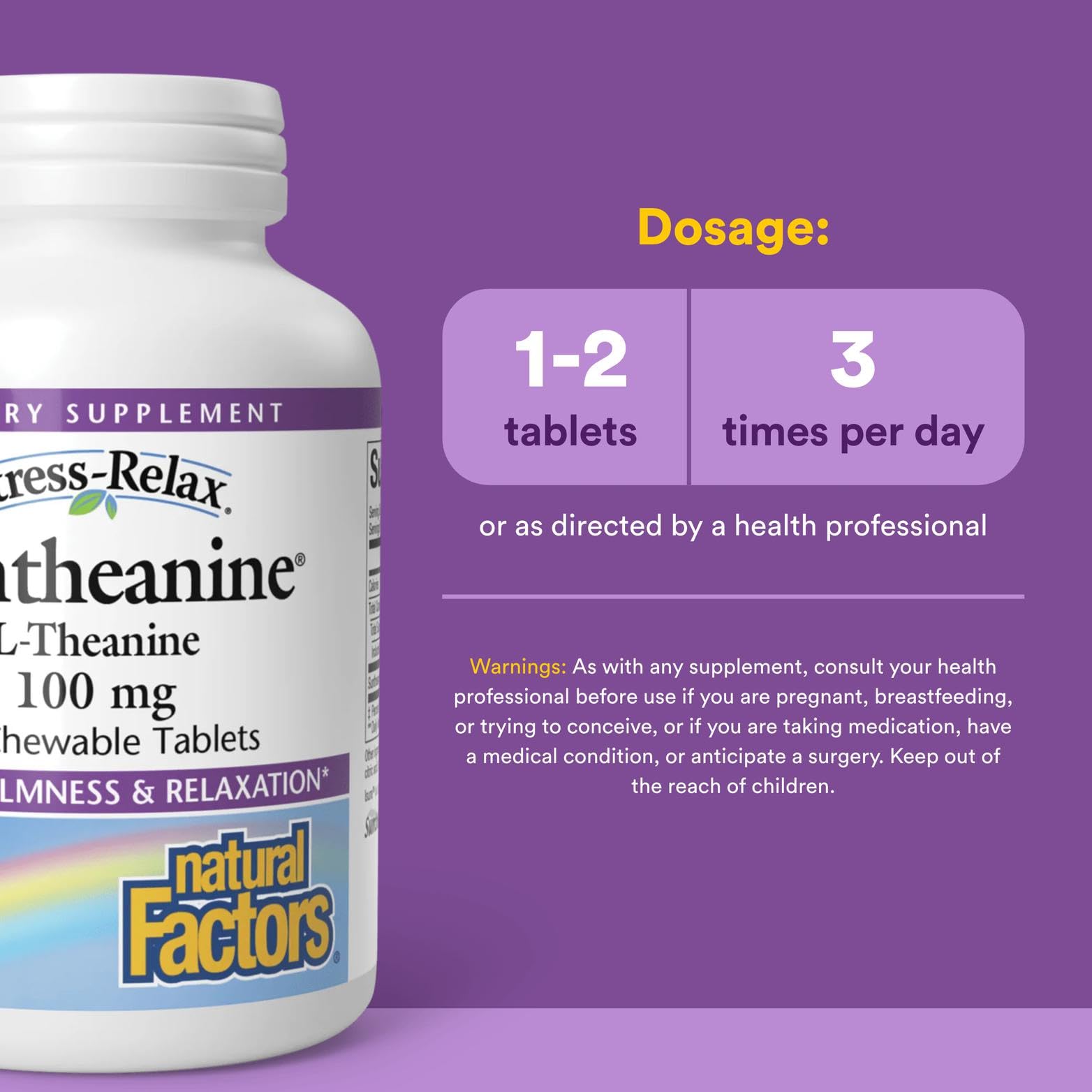 Natural Factors Stress-Relax Chewable Suntheanine L-Theanine 100 mg, Non-Drowsy Stress Support for Mental Calmness and Relaxation, Tropical Fruit Flavor, 60 Tablets