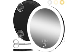 JJHXR 30X Magnifying Mirror with Light, 30x Magnifying Mirror with 3 Suction Cups, 3 Color Dimmable Lighted Makeup Magnifying Mirror, 6'' Travel Magnifying Mirror, 30x Magnification with Tweezers & Scissors