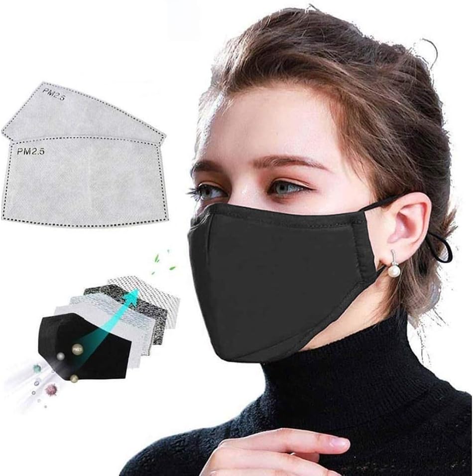 Cotton Mask with 2pcs PM2.5 Filters Unisex Reusable Mouth Mask Anti Pollution Washable Cotton Activated Carbon Filters Anti Pollution Fashion Mask for Cycling Camping Travel with Adjustable Ear Loops