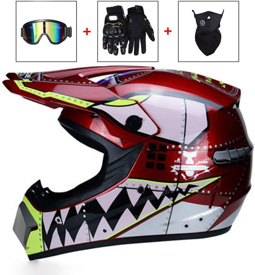 LEENY Motocross Helmet, Motorcycle Cross Helmet Sets with Goggles/Mask/Gloves, Racing Sports Off-Road DH Enduro Helmet ATV MTB Quad Motorbike Full-face Crash Helmet for Men Women, Golden Red