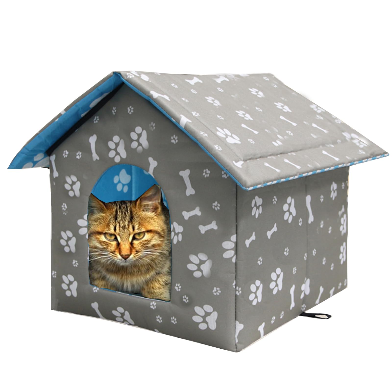 Outdoor Cat House, Cat Cave for Outdoors, Winterproof Waterproof Outdoor Cat House, Puppy House in the Open, With Detachable Transparent Curtain (S, Gray Print)