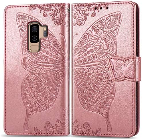 Cmeka Emboss 3D Butterfly Flower Wallet Case for Samsung Galaxy S9 Plus Slim Flip Leather Protective Case[Magnetic Closure][Credit Card Slots Holder][Kickstand Function] (Rose Glod)