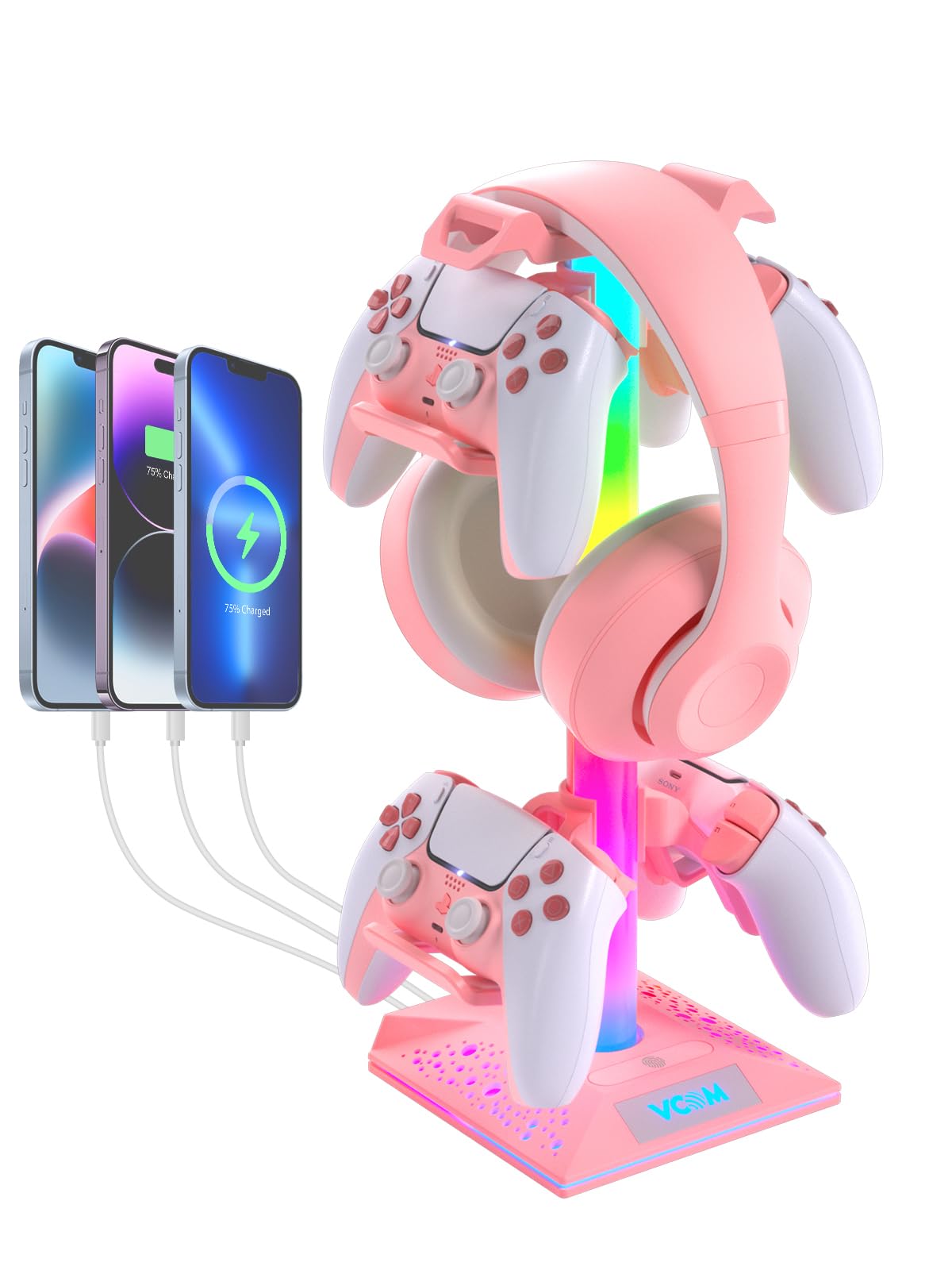 VCOM RGB Gaming Headphones Stand with 2 USB Ports, Pink Headset Stand with 10 Light Modes and Non-Slip Rubber, Suitable for PC Desk Accessories Gamers Gift(Pink)