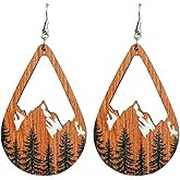 Western Cowgirl Nature Wooden Snow Mountain Dangle Drop Earrings Hollow Teardrop Hook Tree Pattern for Women Cowboy Statement Outdoor Jewelry