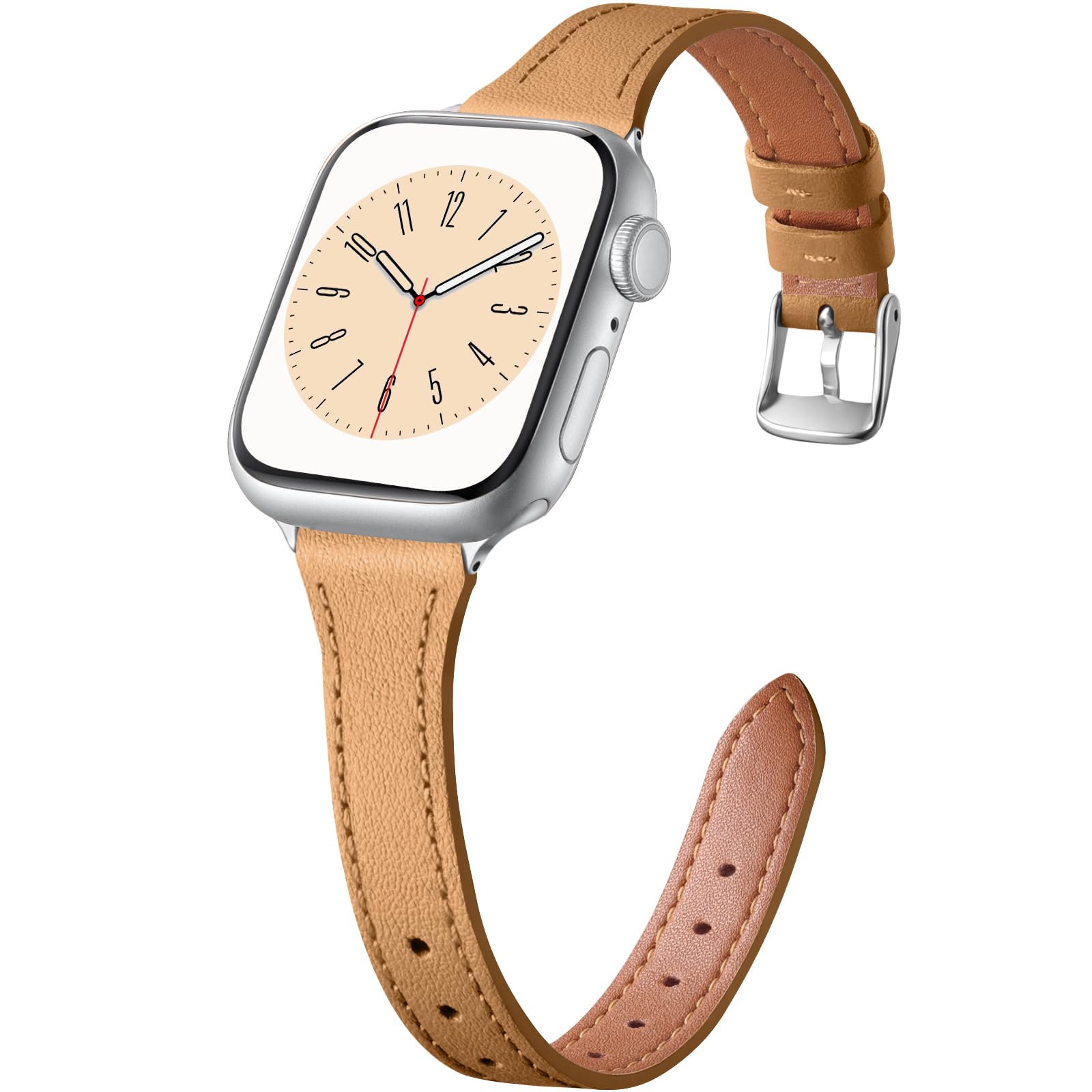 Charlam Compatible with Apple Watch Bands for Women 41mm 40mm 38mm 42mm 44mm 45mm 46mm, Top Grain Soft Leather Bands for Slim Wristband for iWatch SE,iWatch Series 11 10 9 8 7 6 5 4 3 2 1,Camel/Silver