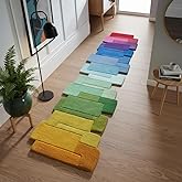 Restoration and Renovation Rainbow Wool Runner Rug 2.6' x 10' – Handmade, Irregular Block Pattern, Colorful Gradient Geometri