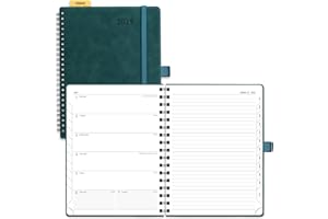 POPRUN 2025 Planner Weekly Notebook [Medium Size 8.5''x 6.5''] - Agenda 2025 Appointment Book with Monthly Tabs, Spiral Soft Cover Calendar, Inner Pocket, 100 GSM - Petrol