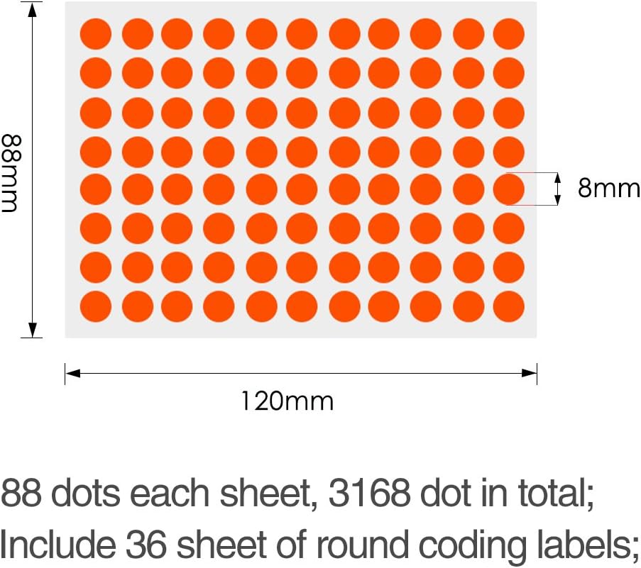 Kuuqa 36 Sheets 8mm Color Coding Labels Small Round Dot Stickers Sticky Marking Labels (3168 Dots), Multicolor, 8 millimetres - Image 4