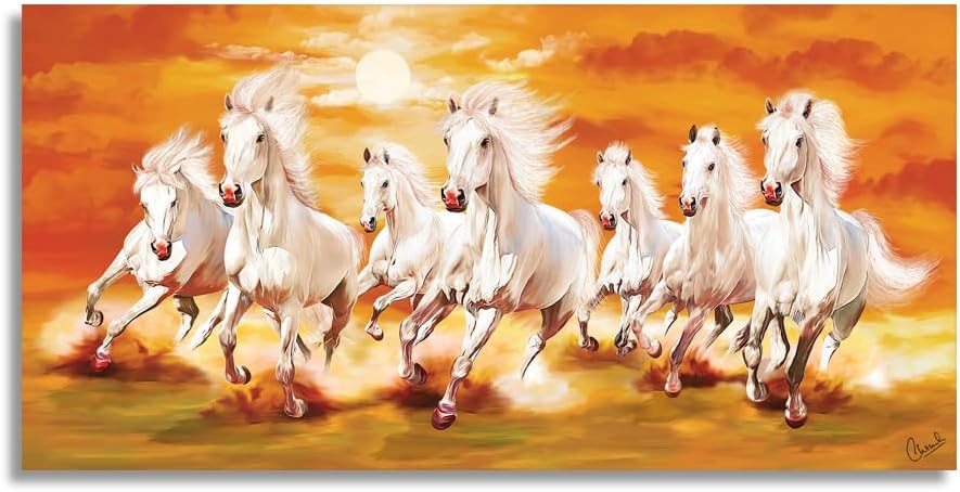 Paintings - WALLERAA By WALLJINN Seven Lucky Running Vastu Horses Art Framed Painting (48 * 24 inch), 7 Running Horses Canvas Big Wall Painting for Living Room, Home, Office (7 Horse E)