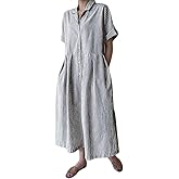 chouyatou Women's Cotton Striped Shirt Dress Button Up Short Sleeve Midi Long Shift Dress with Pockets