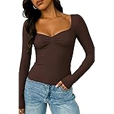 ForeFair Women's Long Sleeve Going Out Tops Pleated Basic T Shirts Cute Sweetheart Neck Y2K Fall Tops