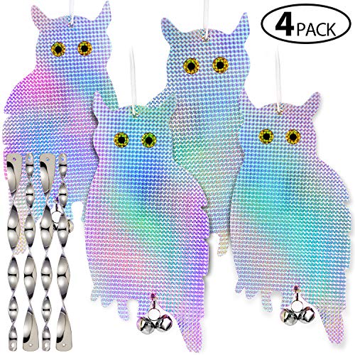 Ohuhu 4-Pack Bird Scare Owls Reflective Owl Deterrent, Effective Hanging Bird Repellent Devices to Keep Birds Away from Your House Window Garden, Bonus 4 X Reflective Spiral Rods