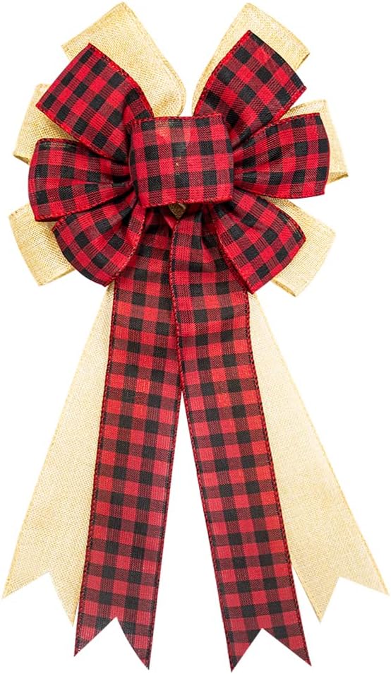 Bows & Ribbons - LANGFON Large Christmas Wreath Bows, Christmas Red Black Buffalo Plaid Bows for Wreaths - Large Burlap Tree Topper Bows for Christmas Front Door Wreath Decorations Indoor Outdoor, Red Black Plaid