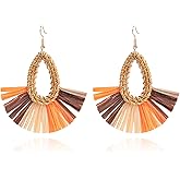 QLYOVWE Statement Raffia Earrings Boho Summer Beach Earrings for Women Handmade Fashion Rattan Fringe Tassel Earring Lightweight Straw Wicker Dangle Drop Earring Bohemian Gift Jewelry