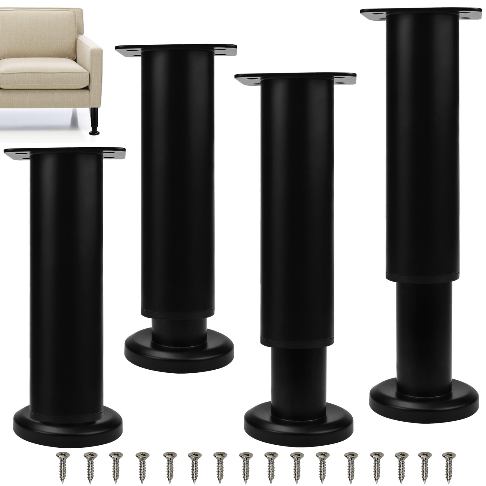 ADERTOS Adjustable Furniture Legs, 4 PCS 18-30cm Furniture Support Feet Metal Sofa Replacement Support Feet Legs Adjustable Height Bed Support Legs Table Leg for Chair Desk Cabinet Couch (Black)