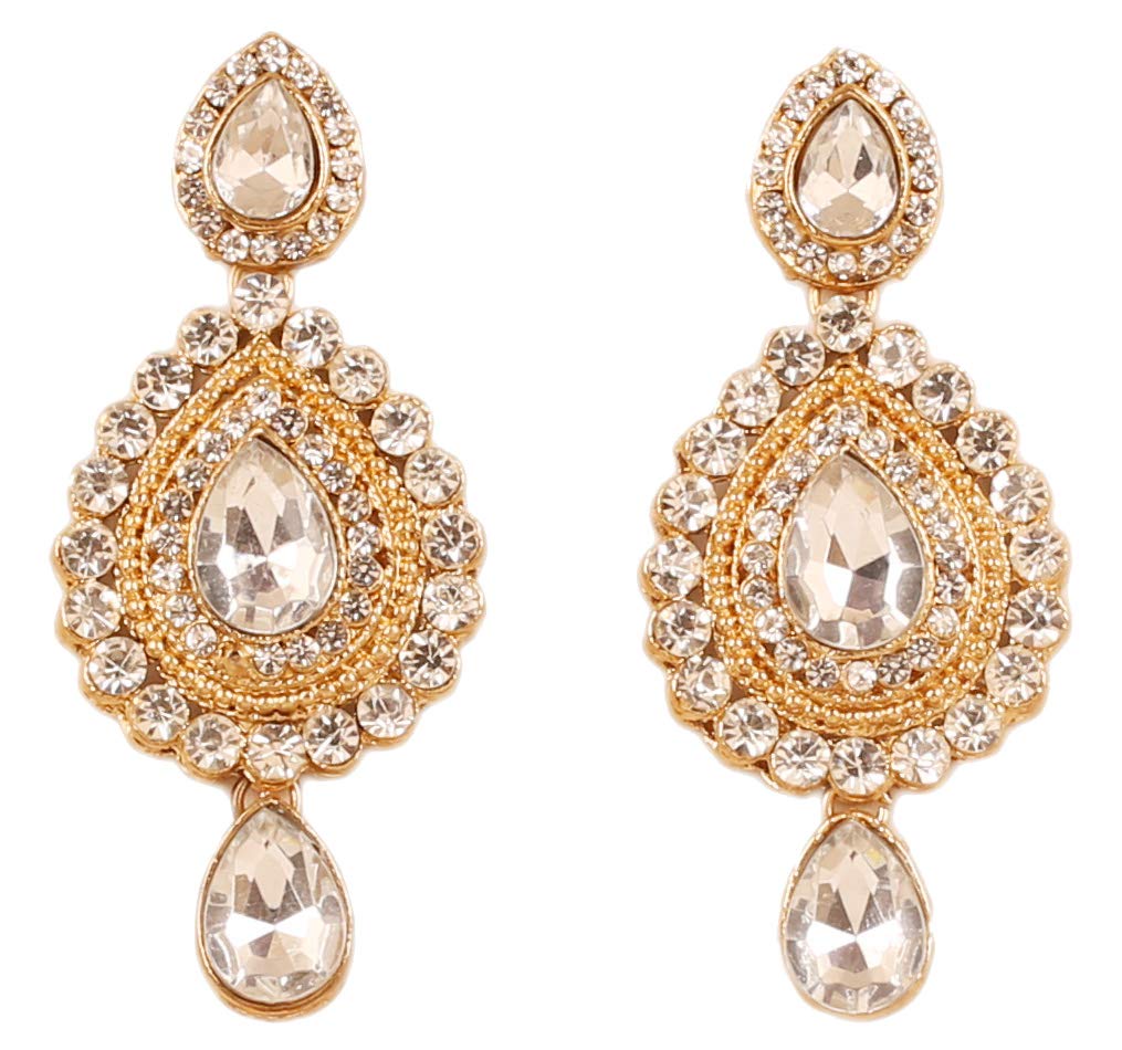 NEW! Touchstone Indian Bollywood Desire Contemporary Diamond Look White Rhinestone Designer Jewelry Chandelier Earrings In Antique Gold Tone For Women