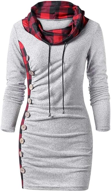 plaid trim cowl neck tunic sweatshirt dress