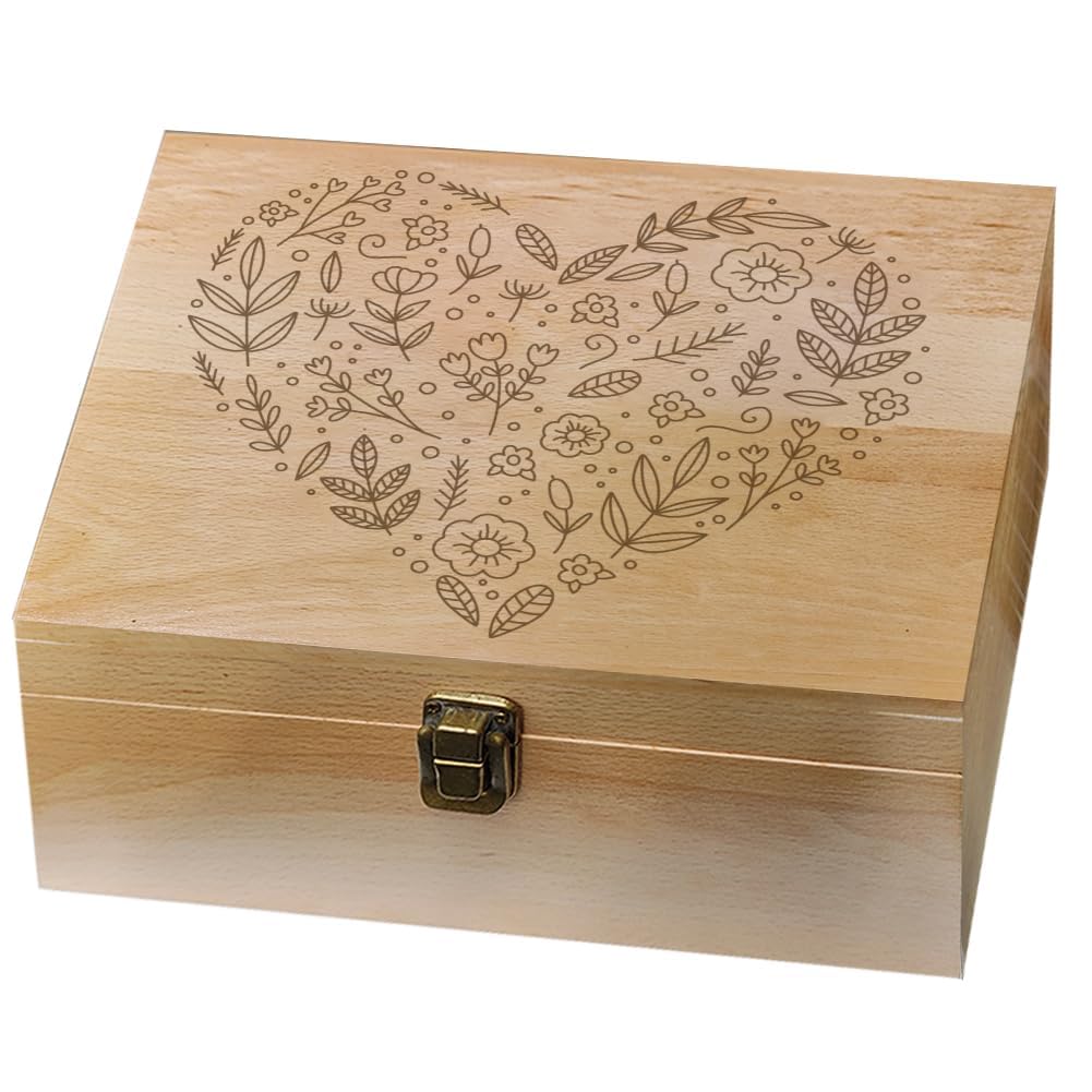 arricraft 1 Pcs Wooden Memory Keepsake Box, 24.5x19.5x10.3cm Heart Plants Love Storage Decorative Memory Wooden Box with Hinge Lids for Party Festival Gift Wedding Christmas Photos Letters Holding