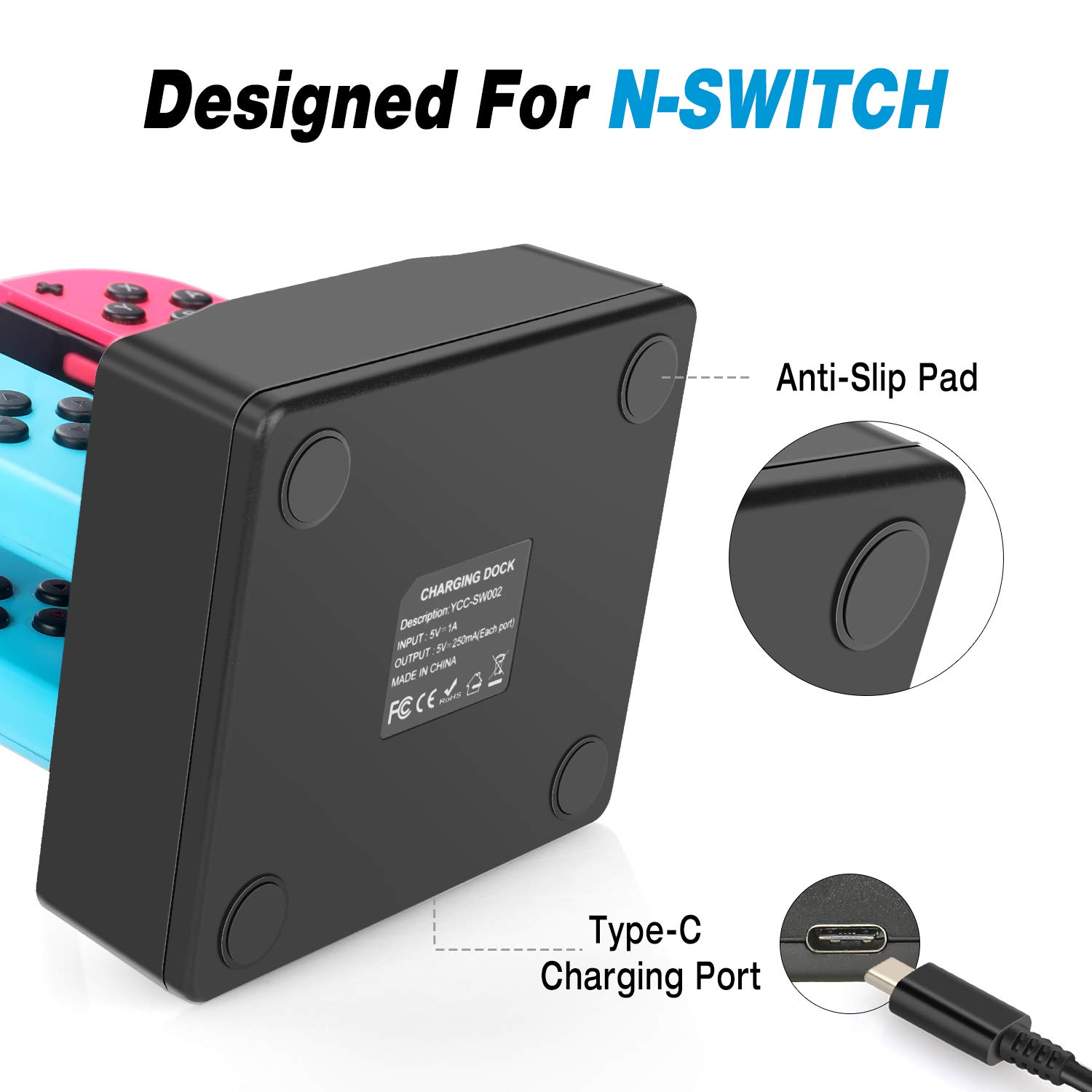 Switch Controller Charger, Joy con Charging Dock Station for Nintendo Switch Joycon and Pro Controller with 5ft Type C Cable