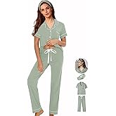 WJing Yi Jia 3Pcs Soft Pajama Sets For Women XS-XXL Womens Pajamas Set Sleepwear Button Down Short Sleeve Long Pants Pj sets