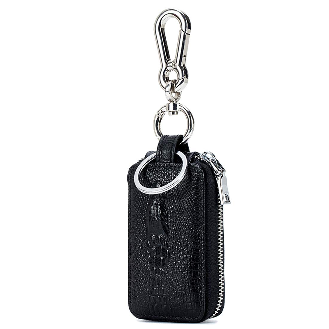 Aileder Car Key Case Genuine Leather Car Smart Key Chain Keychain Holder Metal Hook and Keyring Zipper Bag for Remote Key Fob (Black)