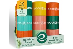 Eco Soul Premium Bamboo Toilet Paper 3 Ply | 12 Mega Rolls | 300 Sheets Each | FSC Certified Hypoallergenic, Textured & Skin-