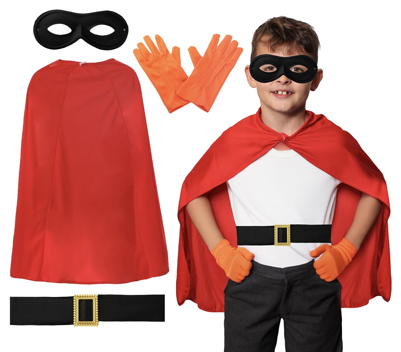 Childs Super Potato Costume Accessory Set - Red Hero Cape, Black Waist Belt, Bright Orange Gloves and Eye Mask - Kids Storybook Superhero Fancy Dress for World Book Day, School Book Week and Halloween