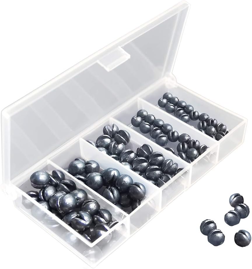 LUSHAZER Fishing Weights Sinkers Kit, 100pcs Round Split Shot Sinker, Fishing Weights Egg Sinkers 5 Sizes, 7/1000 oz, 17/1000 oz, 7/200 oz, 1/20 oz, 7/100 oz, Plastic Box Pack 3.8 x 1.9 x 0.7 inch : Sports & Outdoors