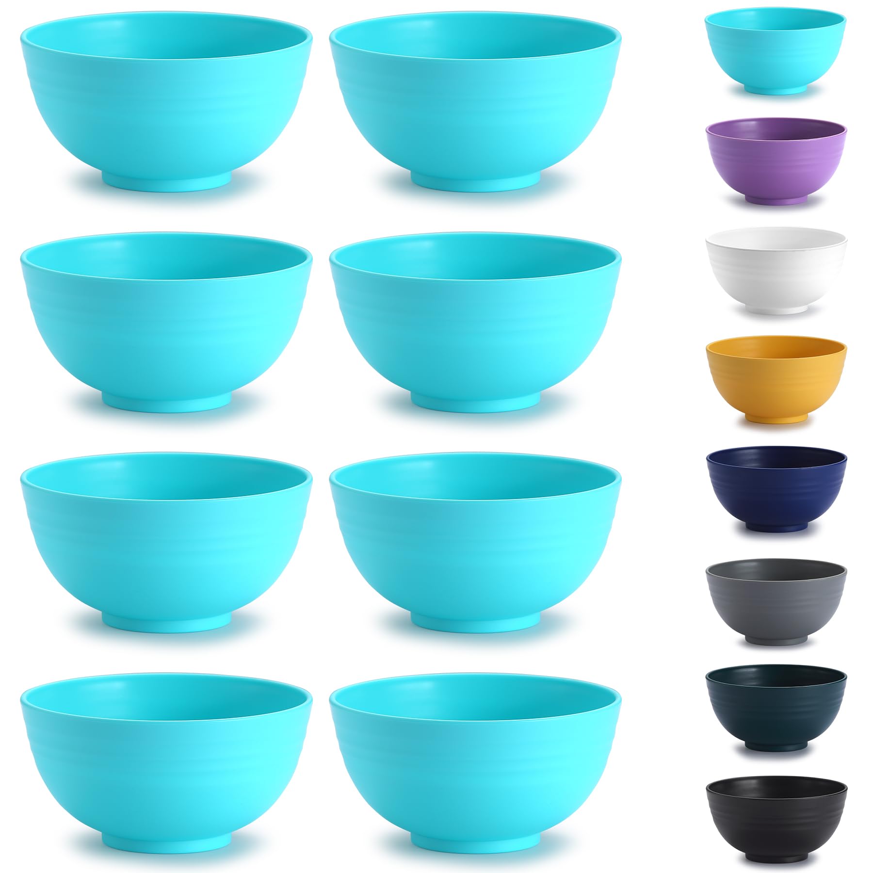 Kyraton Plastic Cereal Bowls 8 Pieces, Unbreakable and Reusable Light Weight Bowl for Rice Noodle Soup Snack Salad Fruit, Dishwasher Safe