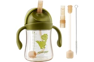 Joypony Sippy Cups for Toddlers 1-3, Spill Proof Weighted Straw Cup with Handle for Baby 6 Months + old, 2 Silicone Straws, PPSU, BPA Free, 9 oz (Green)