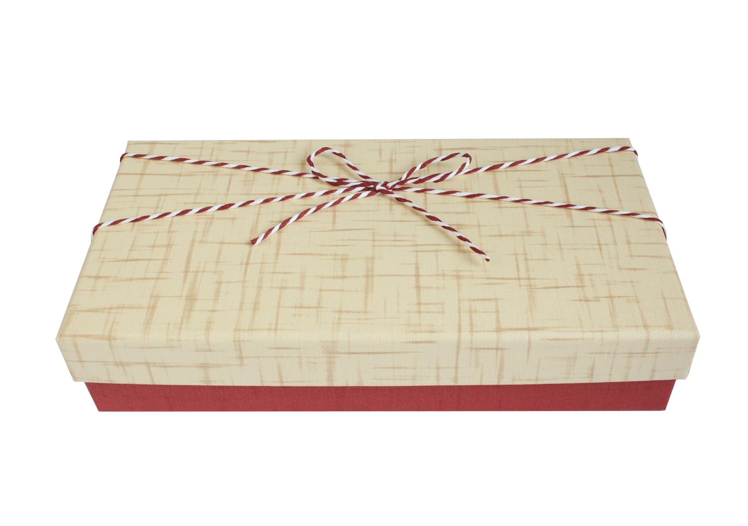 Emartbuy Rigid Luxury Rectangle Shaped Slim Presentation Gift Box, 23.2 x 11.5 x 4.5 cm, Red Textured Box with Cream Lid, Chequered Interior and Striped Decorative Ribbon