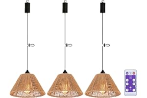 ECOGEHEN 3x Battery Operated Pendant Light Remote Control Chandelier for Gazebo Outdoor Hanging Lamp with LED Bulbs Rattan Shade Lantern for Porch Patio Backyard Bedroom Kitchen Decor Powered by 4*AA Batteries