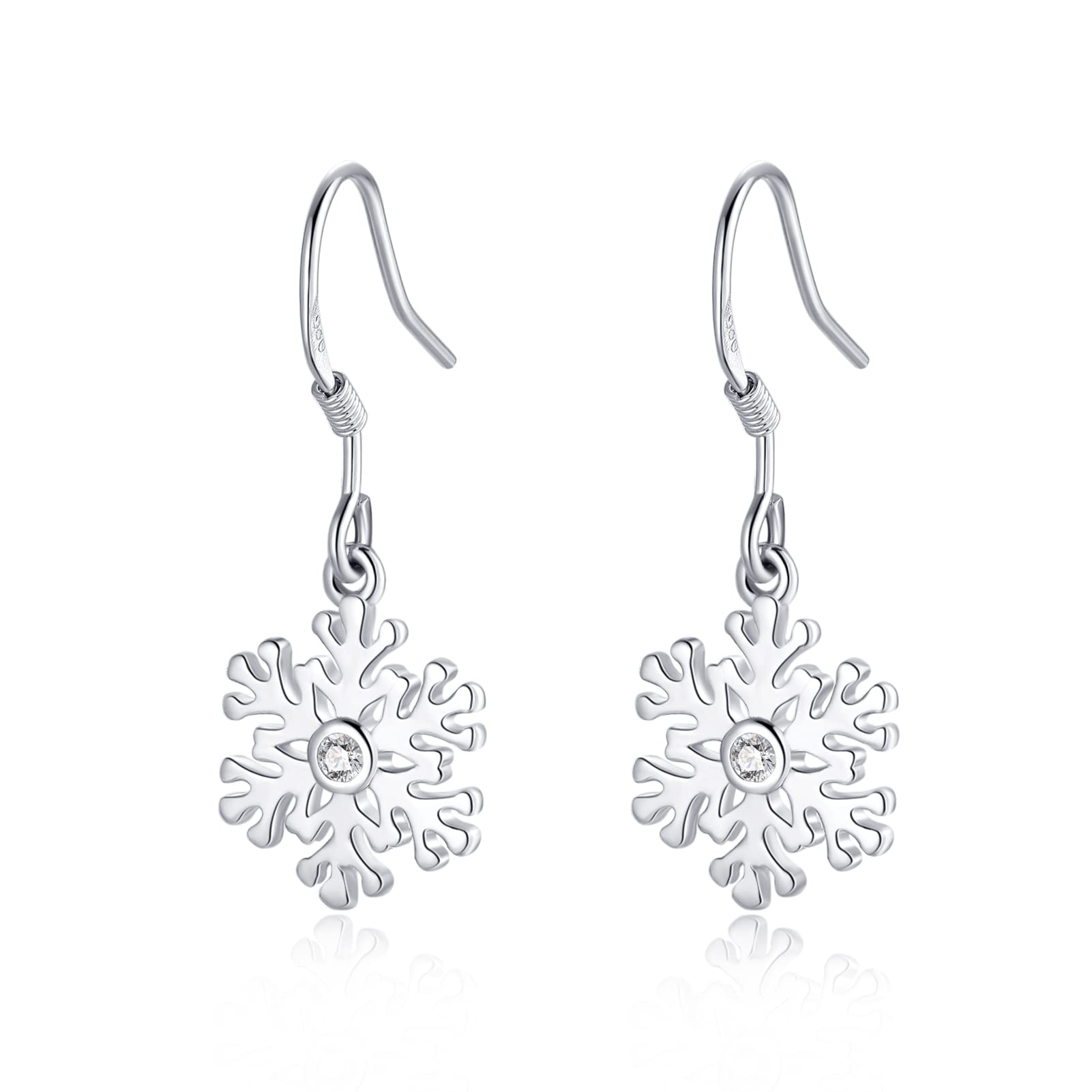 PRETTERY 925 Sterling Silver Snowflake Drop Earrings, Hypoallergenic Snowflake Hook Earrings with White Zirconia for Women Girls, Christmas Earrings Gift Present