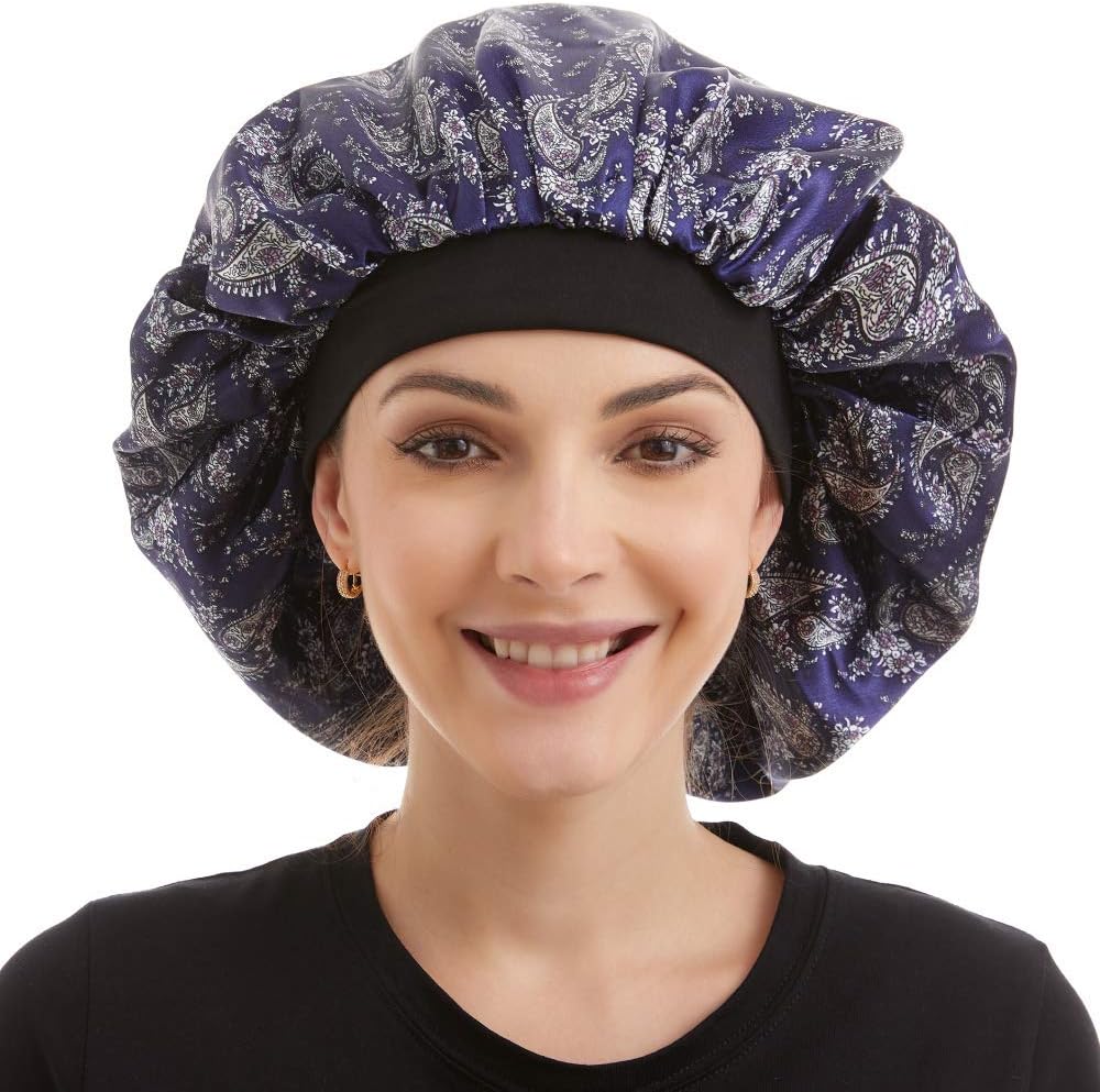 Large Satin Sleep Cap Silk Elastic Night Sleeping Hat Bonnet Nightcap Head Cover with Comfortable Wide Band for Women (FG-2)