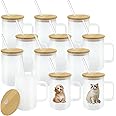 YOUKE OLA 12 Pack Sublimation Glass Cup with Handle Frosted Sublimation Blank Beer Can Tumblers with Bamboo Lid and Straw for heat press 16oz