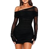 OZICERD Off The Shoulder Mini Dresses for Women Long Sleeve Ruched Bodycon Mesh Dress Cocktail Party Club Going Out Dress