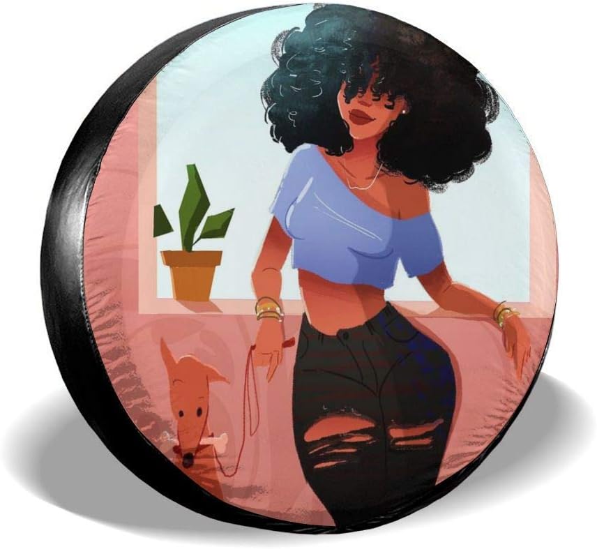 Spare wheel cover, Tire Cover African American Black Women With Funny Dog Potable Polyester Spare Wheel Tire Cover Wheel Covers For Jeep Trailer RV SUV Truck Camper Travel Trailer Accessories