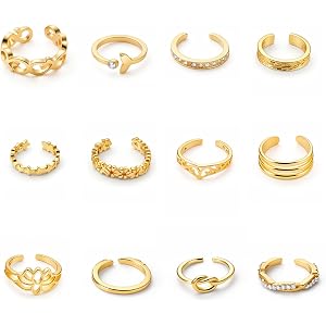 Tyqour Gold Toe Rings for Women Non Tarnish 12 Pcs Gold Toe Ring Adjustable Open Rings for Women Copper Durable Summer Beach
