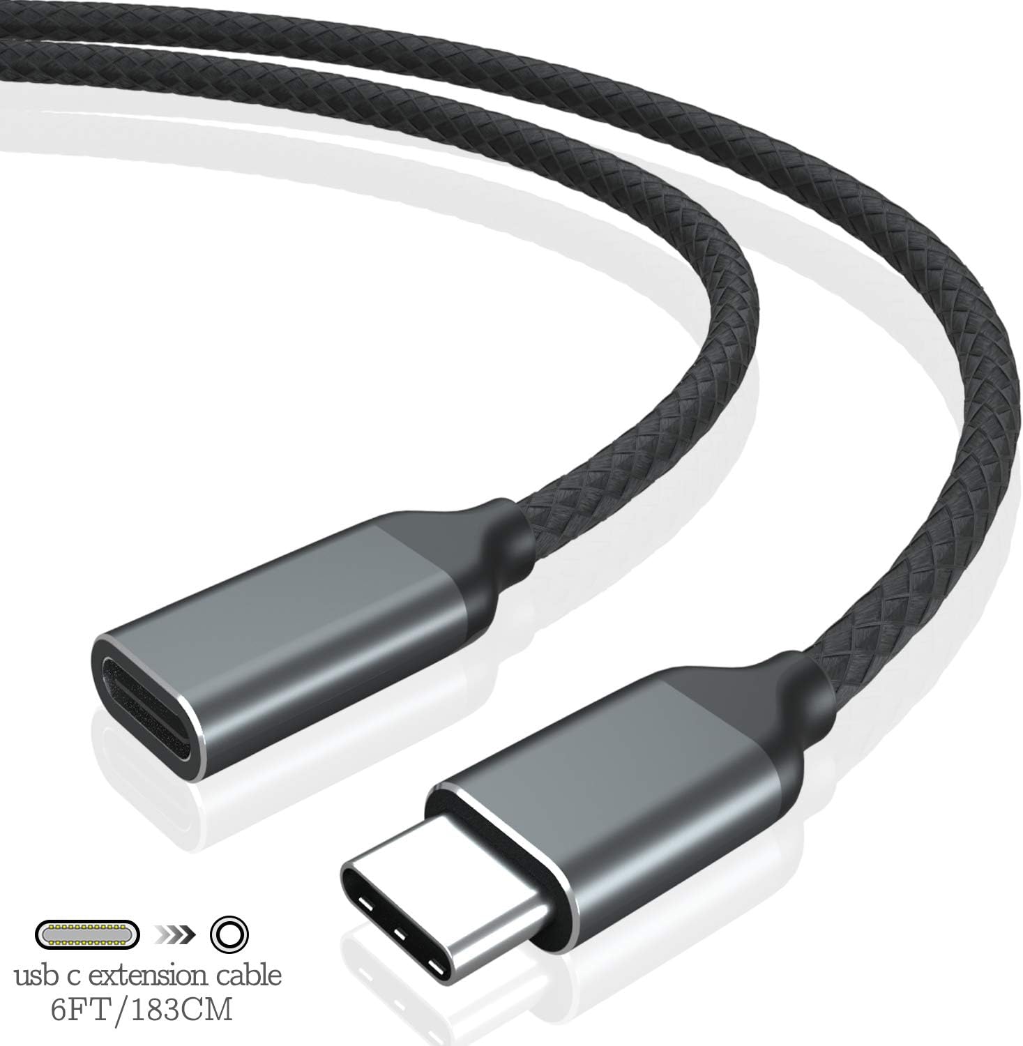 HUIRID USB-C Extension Cable, USB Type C 3.1 Fast Charging & Audio/Video Sync Transfer Data Extend Cord Compatible for Nintendo Switch Thunderbolt 3 Pixel 2/3/xl/xxl MacBook Pro, Huawei p30. (6FT)