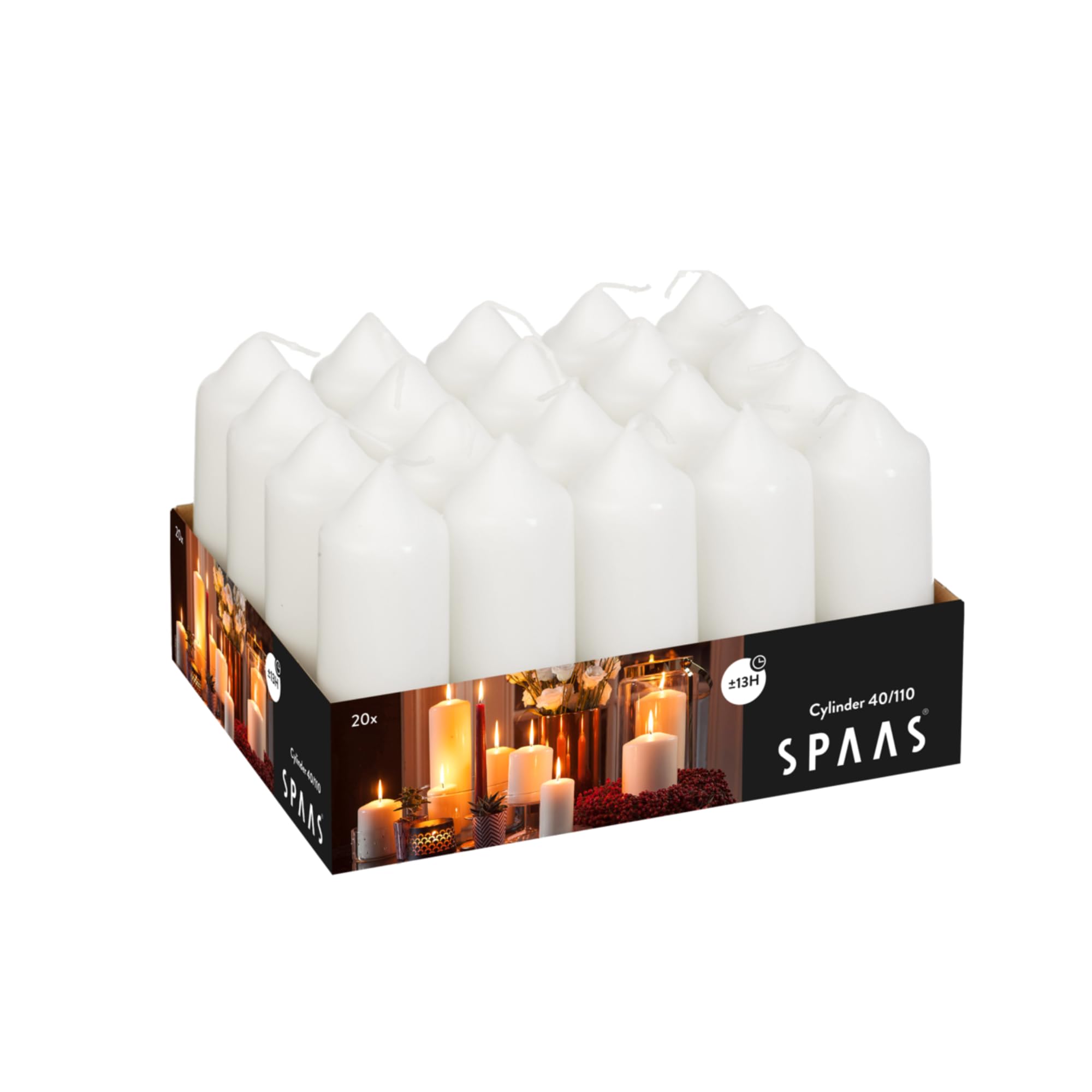 Spaas Tray of 20 Unscented Pillar Candles 40/110 mm, 13 Hours, White