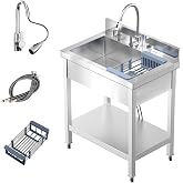 PurezmMoto 28" Commercial Stainless Steel Utility Sink, Single Bowl Freestanding Kitchen Sink with Hot &amp; Cold Water Faucet, Drain Kit &amp; Hoses for Restaurant, Laundry Room, Garage