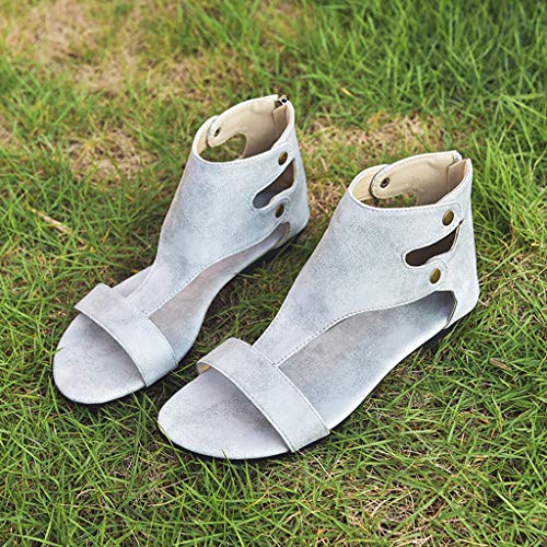 TnaIolral Ladies Sandals Leisure Solid Rome Peep Toe Large Size Flat Shoes (US:5, Gray)