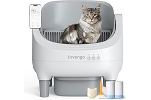 Invengo Automatic Cat Litter Box Self Cleaning, App Control, Open-Top Automatic Litter Box with Safety Sensors, Ultra-Quiet, 10L Waste Bin with Odor Control, 2 Rolls of Garbage Bags, Grey White