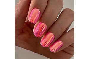 GLAMERMAID Press on Nails Extra Short Squoval, Pinkish Brown Chrome Spring Handmade Gel Glue on Nails, 24Pcs Glossy Round Reusable UV Finish Fake Nails Acrylic False Nails Manicure Kits for Women