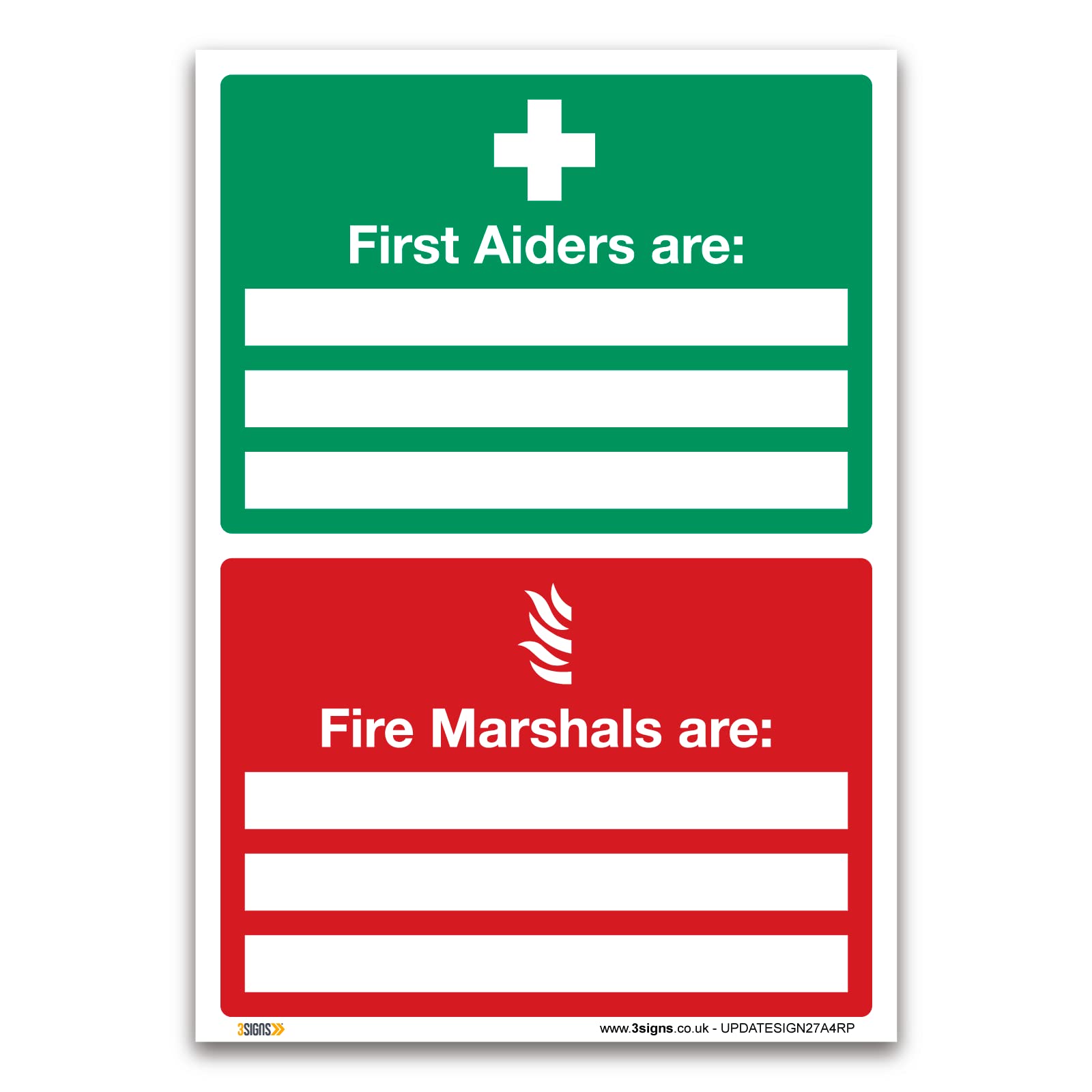 Set of 2 - First Aiders Are Fire Marshals Are Sign - A4 297 x 210mm, 1mm Rigid Plastic - ISO 7010 Standards - Promote First Aid and Fire Safety - Ensure Emergency Safety in Your Workplace