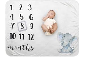 TEBABY Baby Monthly Milestone Blanket - Organic Plush Fleece Photography Background Prop for Boy Girl Newborn Soft Elephant Blanket with Frame Large 47''x40''