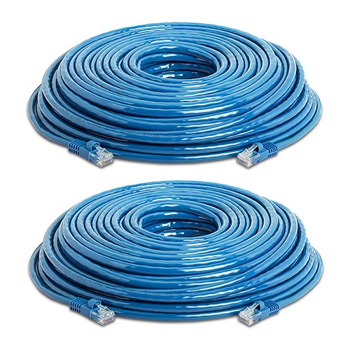 Cat5e Ethernet Cable â€“ 100 ft Blue - Gold Plated Contacts Male to Male Patch Cord (2 Pack)