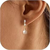 Pearl Earrings for Women Trendy - Dainty 14K Gold Plated/Silver Pearl Drop Dangle Earrings Hypoallergenic Pearls Huggie Hoop Earring Simple Wedding Earring for Brides Formal Jewelry Gifts