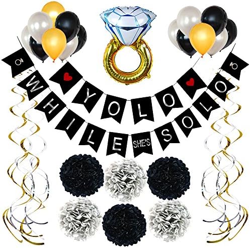 Bachelorette Party Decorations Kit - Black, Gold and Silver Set | Bachelorette Party Balloons | Bachelorette Banner | 1 Diamond Ring Balloon, 15 Latex Balloons, 8 Swirls, 6 Tissue Paper Pom Pom’s