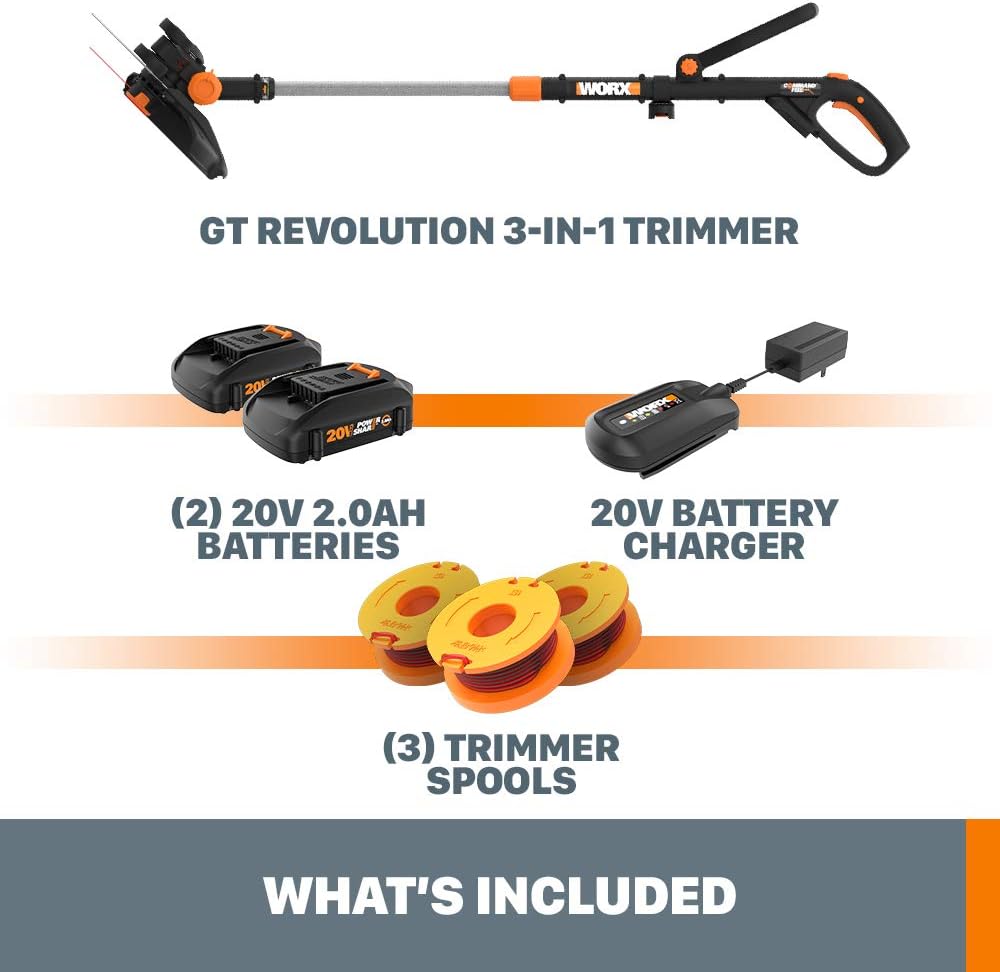 WORX WG170 GT Revolution 20V 12" Grass Trimmer/Edger/Mini-Mower 2 Batteries & Charger Included, Black and Orange : Garden & Outdoor